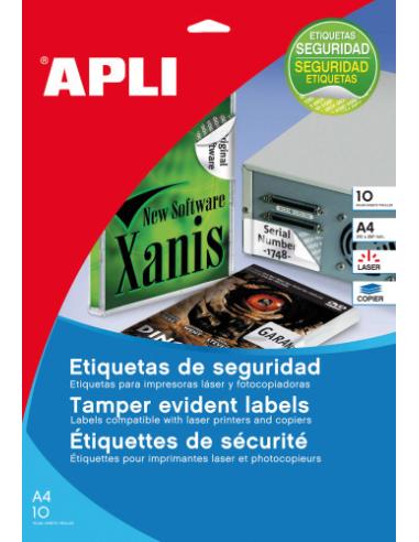 PAQUETE 10 HOJAS A4 ETIQUETAS DE SEGURIDAD POLIESTER PLATA 45,7 X 21,2MM APLI 11272