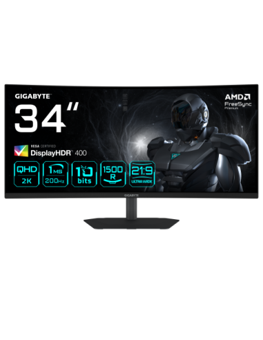 GIGABYTE G34WQC2 Monitor Gaming Curvo 34” WQHD - 3440 x 1440, 1500R, 200Hz, 1ms, 450 cd/m², AMD FreeSync Premium, DisplayHDR 400