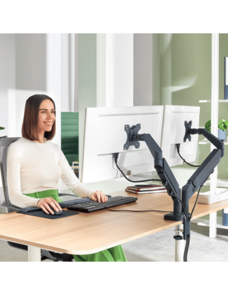 BRAZO PARA MONITOR DUAL ERGO SPACESAVING COLOR GRIS OSCURO LEITZ 65370089