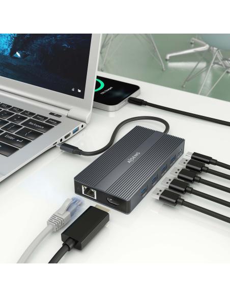 DOCK AISENS USBC-2HDMI-DP-RJ45-4USBA-USBC-USBCPD-SD-MSD GRIS 20CM ASUC-12P017-GR