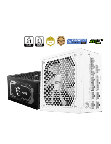 FUENTE ALIMENTACION MSI MAG A1000GL PCIE5 WHITE,PSU,1000W,80 PLUS GOLD,MODULAR,135MM,ACTIVE PFC,PCI-E 5.0 (16 PIN)X1,PCI-E (6+2 