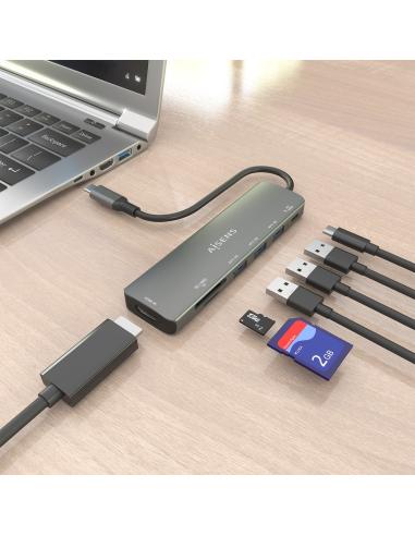 DOCK AISENS 7 EN 1 USBC A HDMI 3USBA USBC PD SD MICRO SD GRIS 15CM ASUC-7P025-GR