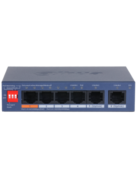 (DH-CS4006-4ET2GT-60) DAHUA SWITCH 6 PUERTOS, 4XRJ45 10/100 MBPS POE, 2XRJ45 GIGABIT, L2 CLOUD MANAGED