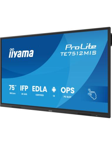MONITOR INTERACTIVO TACTIL IIYAMA 75" (TE7512MIS-B4AG)3840X2160 / IPS LED 4K UHD / 24/7 / 8/64GB / 400 CD/M / 8MS / 1200:1 / 1 V