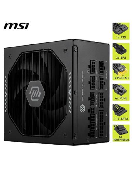 FUENTE ALIMENTACION MSI MAG A1000GLS PCIE5,PSU,1000W,80 PLUS GOLD,MODULAR,135MM,ACTIVE PFC,PCI-E 5.0 (16 PIN)X1,PCI-E (6+2 PIN)X