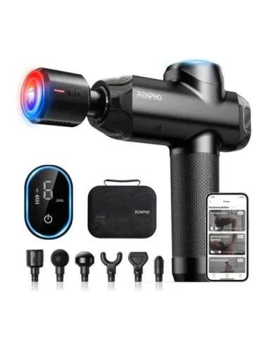 RENPHO POWER+ - MASSAGE GUN - 6 MASSAGE HEADS & 6 SPEEDS - BLE - 12MM AMPLITUDE - BLACK, CONNECTED TO THE APP (INSTANT HEAT & CO