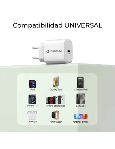 SUBBLIM Cargador USB-C GaN 20W , Power Delivery 3.0 & PPS, Enchufe Rápido para iPhone 16-12, iPad, Galaxy S24-S20, Pixel 9-6, Xi