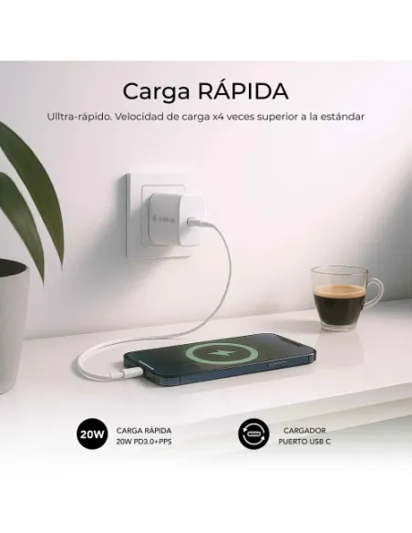 SUBBLIM Cargador USB-C GaN 20W , Power Delivery 3.0 & PPS, Enchufe Rápido para iPhone 16-12, iPad, Galaxy S24-S20, Pixel 9-6, Xi