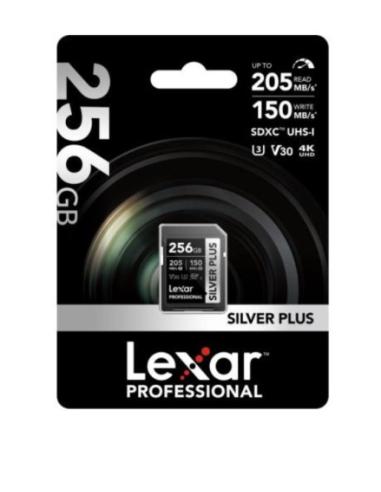 LEXAR 256GB PROFESSIONAL SILVER PLUS SDXC UHS-I CARDS, UP TO 205MB/S READ 150MB/S WRITE C10 V30 U3