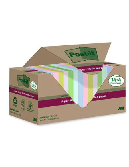 PACK 14+4 BLOCS 90 HOJAS NOTAS RECICLADAS ADHESIVAS 76X76MM SUPER STICKY COLORES SURTIDOS 654 RSSCOL14+4 POST-IT 7100284782