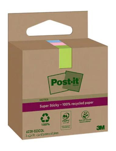 PACK 3 BLOCS 70 HOJAS NOTAS RECICLADAS ADHESIVAS 47,6X47,6MM SUPER STICKY COLORES SURTIDOS CAJA CARTÓN 622 RSS3COL POST-IT 71002