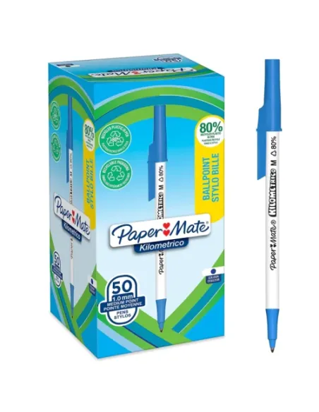 CAJA 50 BOLÍGRAFOS PAPER MATE KILOMÉTRICO PUNTA MEDIANA (1,0MM) TINTA AZUL 80% PLÁSTICO RECICLADO PAPER MATE 2187702