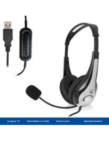 AURICULAR + MICROFONO EWENT EW3565 / ESTEREO / USB / CABLE 2.1 METROS