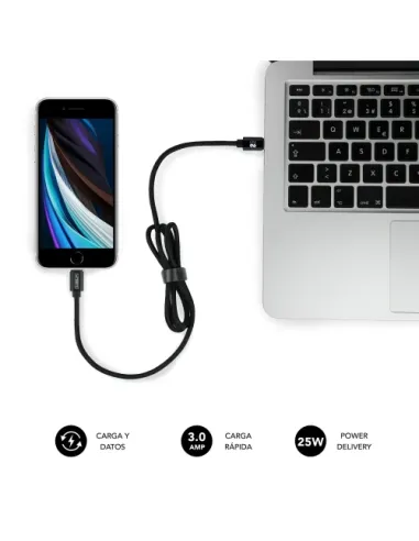 SUBBLIM CARGADOR ULTRA RAPIDO 2xUSB DE PARED PD25W+QC3.0+Cable C to C y lightning Negro