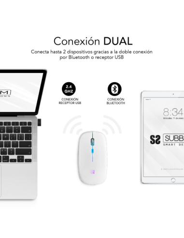 RATÓN ÓPTICO INALÁMBRICO 2.4G Y BT RGB LED DUAL FLAT MOUSE WHITE
