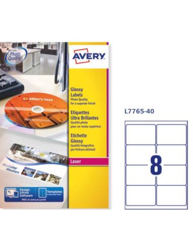 CAJA DE 40 HOJAS (8 ETIQXHOJA) ETIQUETAS BLANCAS BRILLANTES 99,1X67,7MM AVERY L7765-40