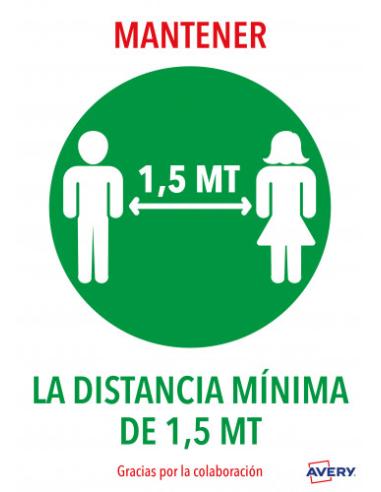 SEÑALES ADHESIVOS PREIMPRESO "MANTENER DISNTACIA MINIMA DE 1,5 MT" SOBRE DE 2 HOJAS EN A4 AVERY AV_KITCOVID4_ES