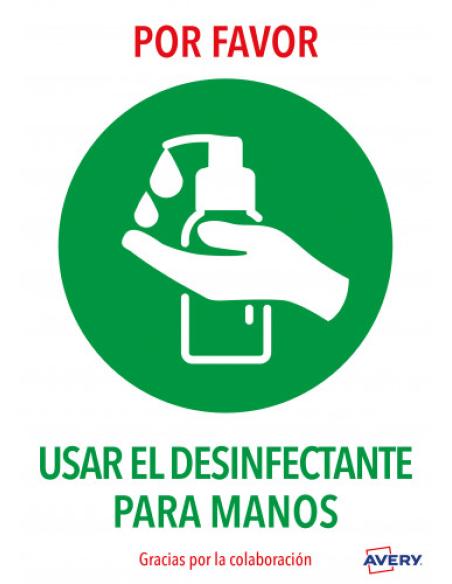 SEÑALES ADHESIVOS PREIMPRESO "USAR DESINFECTANTE PARA LAS MANOS" SOBRE DE 2 HOJAS EN A4 AVERY AV_KITCOVID3_ES