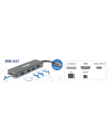 HUB USB-C D-LINK 6 EN 1 USB-C 2*USB3 HDMI LECTOR SD Y MSD DUB-2327