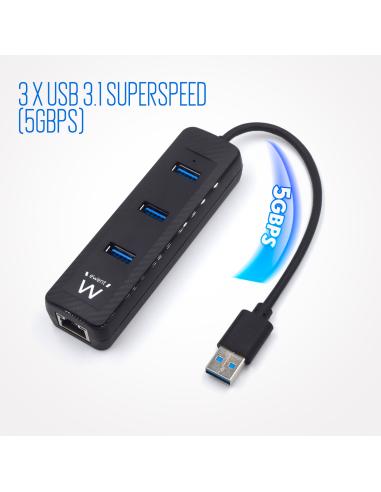 HUB USB 3.1 EWENT / 3xUSB 3.1 / ETHERNET 10/100/1000 RJ45 / CABLE 18 CM / EW1140