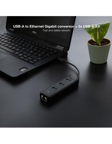 CONVERSOR USB3.0 A ETHERNET 3XUSB3.0 USB-AM-RJ45 NANOCABLE 10.16.4604