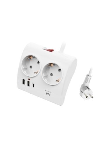 REGLETA EWENT 2 ENCHUFES SHUCO CON PROTECCION CON 2 PUERTOS USB-A Y 1 PUERTO USB-C / PARA ESCRITORIOS / BLANCO / (EW3870)