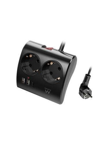 REGLETA EWENT 2 ENCHUFES SHUCO CON PROTECCION CON 2 PUERTOS USB-A Y 1 PUERTO USB-C / PARA ESCRITORIOS / NEGRO / (EW3871)