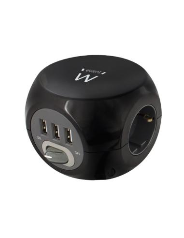REGLETA ENCHUFES CARGADOR CASA RED EWENT EW3938 NEGRO CON 3 SCHUCO Y 3 USB 2.4 Amp
