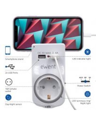 CARGADOR CASA RED EWENT BLANCO CON SCHUCO Y 2 USB 2.4 Amp / LUZ NOCTURNA CON SENSOR DE DIA Y NOCHE / SOPORTE MOVIL INTEGRADO / E