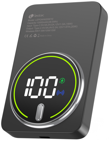 LEOTEC POWERBANK 10000MAH 20W FAST CHRG NEGRO 1USB-C+WIRELESS INC CAB USB-A A USB-C 22,5W