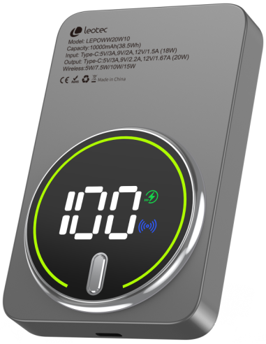 LEOTEC POWERBANK 10000MAH 20W FAST CHRG GRIS 1USB-C+WIRELESS INC CAB USB-A A USB-C 22,5W