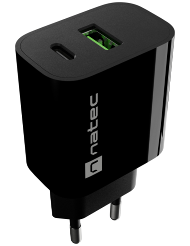 CARGADOR NATEC RIBERA 20W 1XUSB-A QC3.0 + 1XUSB-C PD3.0 NEGRO
