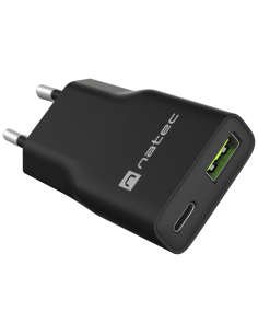 CARGADOR NATEC RIBERA SLIM 20W 1XUSB-A + 1xUSB-C PD3.0 QC3.0 PROTECCION OVP,OCP,SCP Y OTP NEGRO