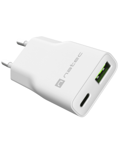 CARGADOR NATEC RIBERA SLIM 20W 1XUSB-A + 1xUSB-C PD3.0 QC3.0 PROTECCION OVP,OCP,SCP Y OTP BLANCO