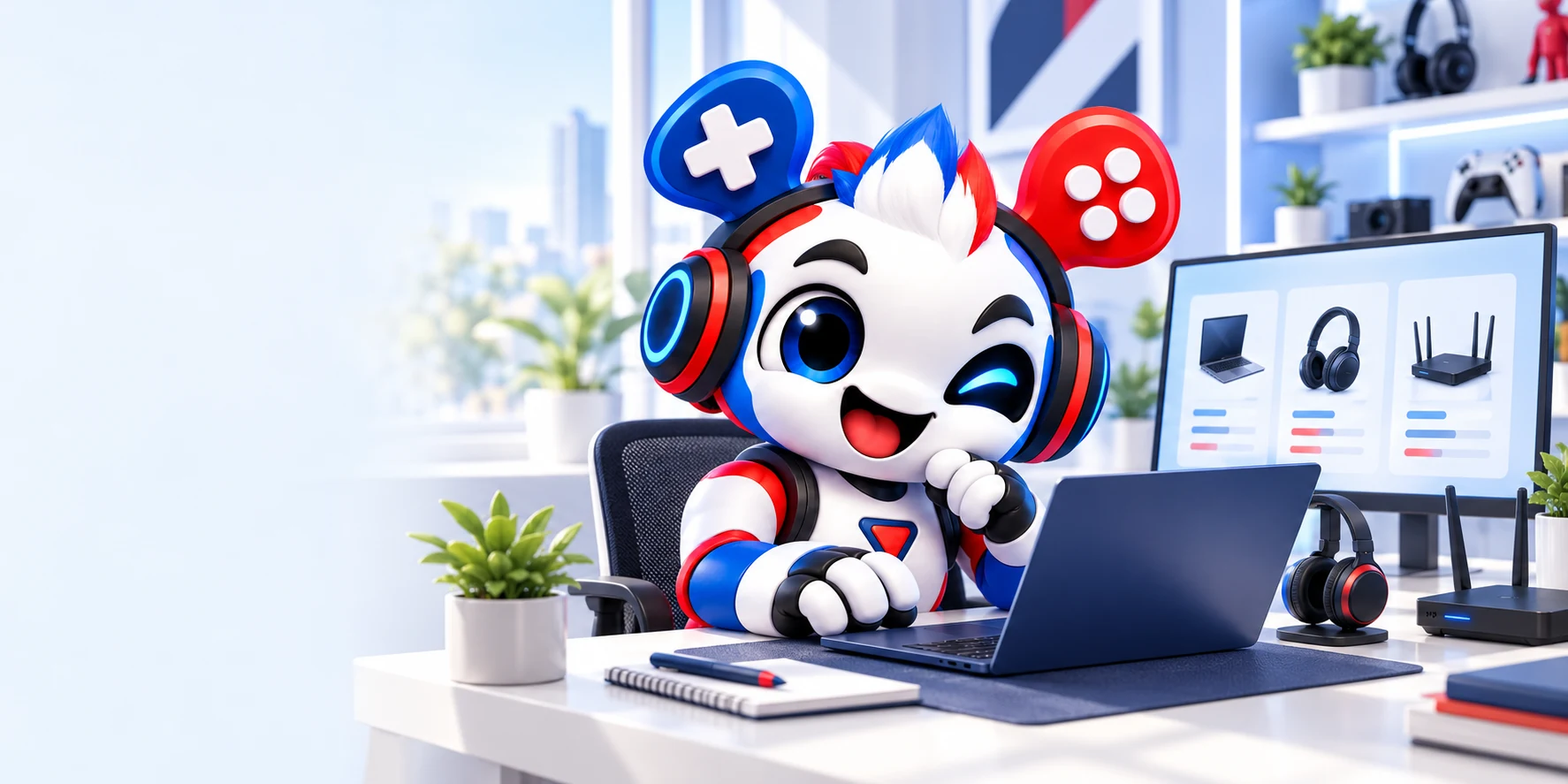 La mascota de CompraMeAquí comparando tecnología en su escritorio