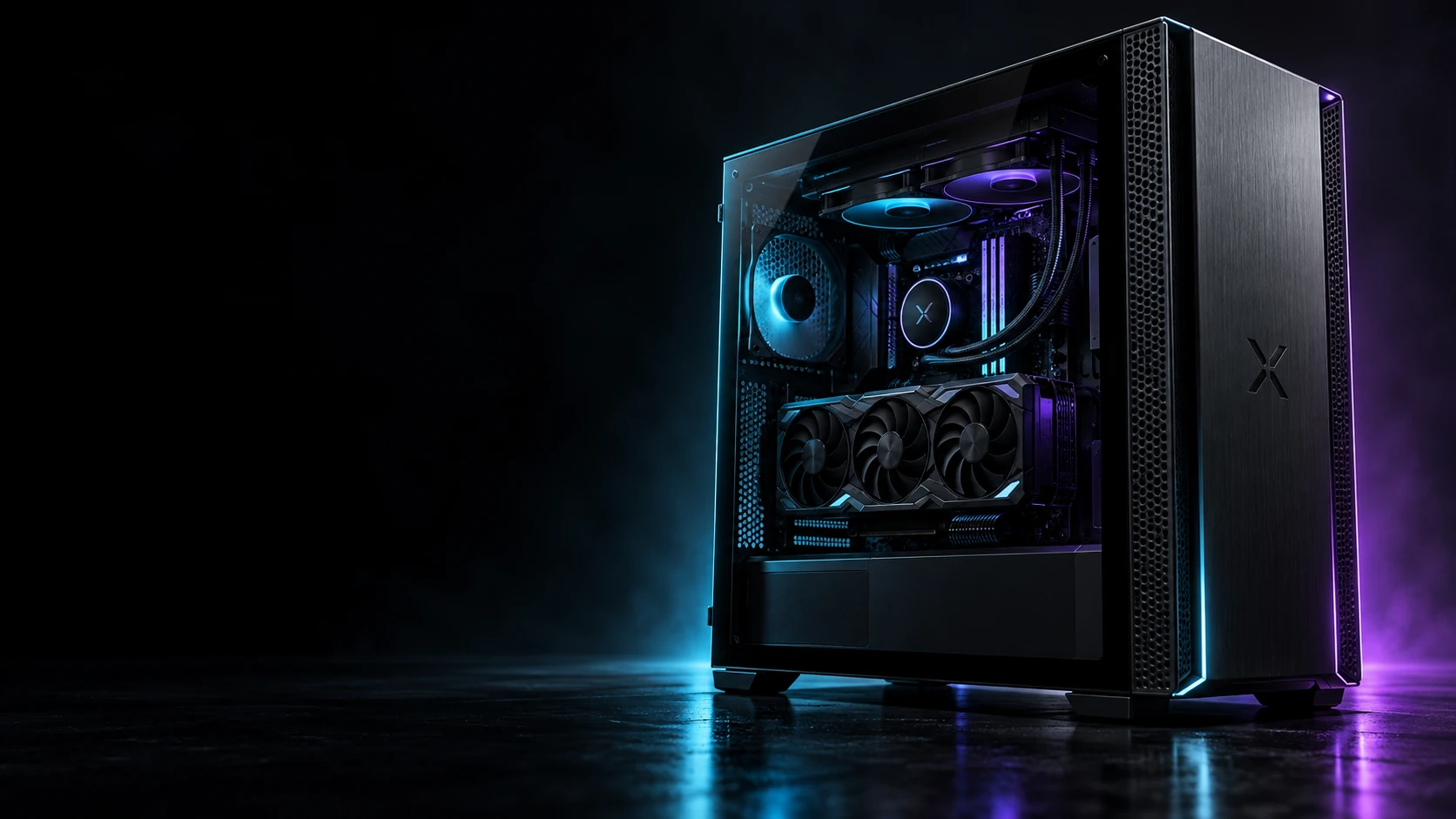 Concepto de PC XperiencePC negro con iluminación cyan y violeta